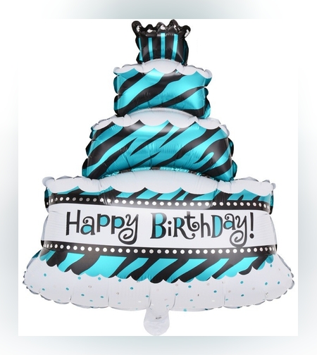 Balon din Folie Metalizata, Flippy, Model Tort cu 4 Straturi, Balon Aniversar, Model Happy Birthday, 62x43 cm, Ambalaj Individual, Pai inclus,  Umflare cu Aer sau Heliu, Albastru