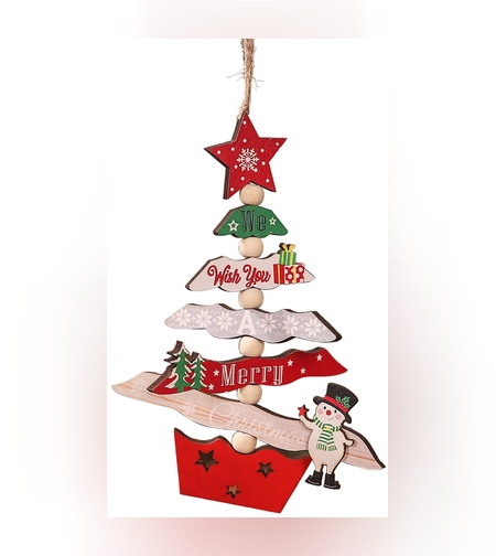 Decoratiune de Craciun din Lemn, Flippy, cu Snur pentru Agatare in Brad, Model Brad de Craciun si Om de Zapada, Scris We Wish You A Merry Christmas, 17x12.8x0.4 cm, Multicolor