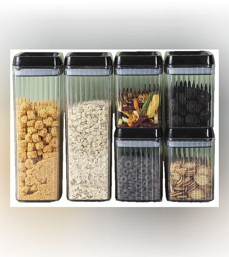 Set 6 Recipiente din Plastic, Flippy, pentru Alimente/Obiecte, Inchidere Ermetica, Textura Ondulata, 4 x 1.5l, 2 x 3.3l, Transparent