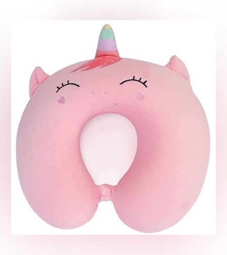 Perna de Calatorie in Forma de U, Flippy, Pentru Gat si Cap, Umplutura din Spuma cu Memorie, 30x30 cm, Model Unicorn, Accesoriu de Voiaj, Birou, Masina, Sistem Prindere Capse, Roz