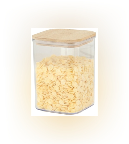 Cutie de Depozitare Alimente, Flippy, Cutie de tip Container, Cutie pentru Cereale, din Plastic, Capac din Bambuc, 10 x 10 x 14 cm, Volum 0.8 L, Transparent