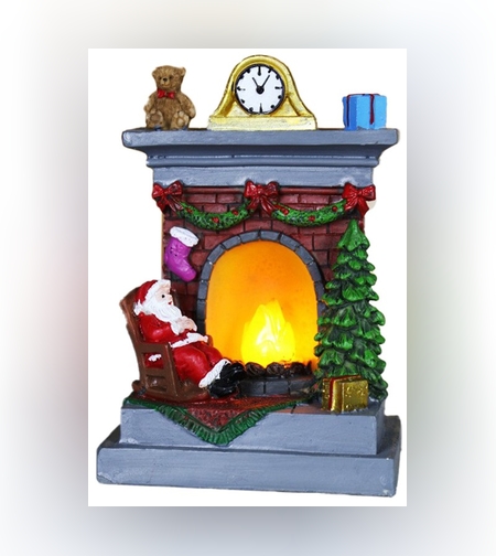 Decoratiune de Craciun tip Semineu, Flippy, Semineu Decorativ cu Foc din Rasina, Model Semineu cu Mos Craciun, Flacara Iluminare LED, 13.5 x 9 x 6 cm, Gri Rosu