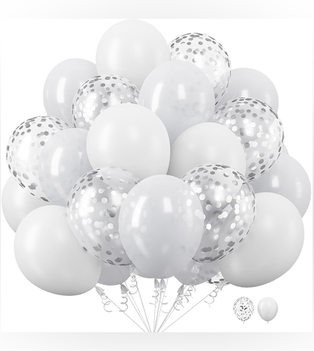 Set 10 Baloane din Latex, Flippy, Model Party, 30 cm, 5x Alb, 5x Transparent Confetti, 2.8 g