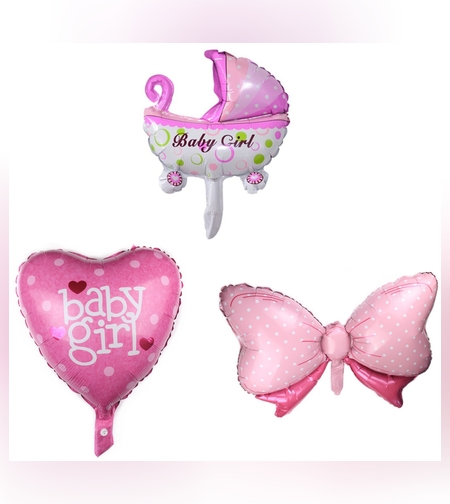 Set 3 Baloane din Folie Metalizata, Flippy, Figurine Carucior, Inima, Fundita, Tema Botez, 45 cm, Ambalaj Individual, Pai Inclus, Umflare cu Aer sau Heliu, Roz
