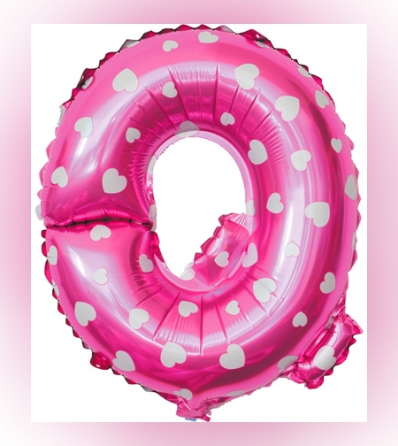 Balon Folie Metalizata Litera Q, Flippy, 40 cm, Cu Imprimeu Inimioare, Umflati cu Heliu sau Aer, Ambalaj Individual, Pai inclus, Roz