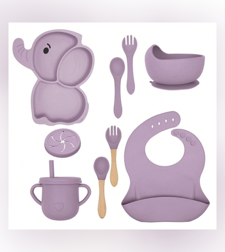Set 10 Piese Servire Masa. Flippy, pentru Bebelusi si Copii, din Silicon/Lemn, cu Ventuze Anti-alunecare, fara Alergeni. +6 Luni, Model Elefant, Mov