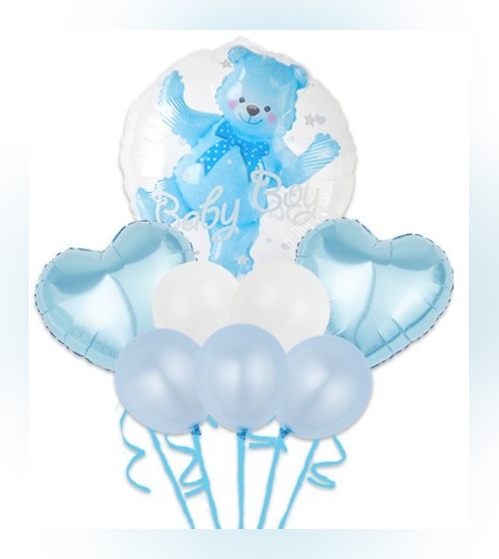 Set Baloane Aniversare, Flippy, set din 8 bucati, 1 bucata urs, 2 inimi folie, 5 simple din latex Baby Boy, 60 cm Albastru