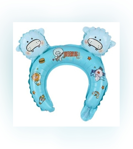 Balon din Folie Metalizata, Flippy, Tip Coronita cu Urechi, Model Ursuleti, Ambalaj Individual, Pai Inclus, Umflare cu Aer sau Heliu, 28 x 31 cm, Albastru