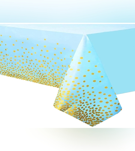 Fata de Masa, Flippy, din PEVA, Imprimeu Buline Aurii, 137 x 274 cm, Impermeabila, Fara Pete, Curatare Rapida, Albastru