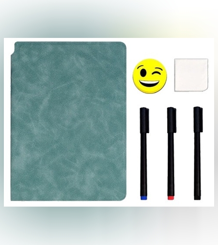 Set Agenda A5 Reutilizabila cu Pagini Tip Tabla, Agenda Pagini Albe cu Stergere Uscata, 3 Markere, 1 Burete și 1 Laveta de sters, Portabila, 24 x 16.5 cm, Coperta Piele, Verde