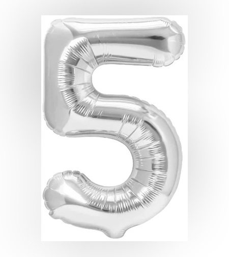 Balon din Folie Metalizata, Flippy, Figurina Cifra, Tema Aniversare 80 cm, Ambalaj Individual, Pai inclus, Umflare cu Aer sau Heliu, Argintiu, Cifra 5