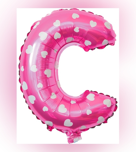 Balon Folie Metalizata Litera C, Flippy, 40 cm, Cu Imprimeu Inimioare, Umflati cu Heliu sau Aer, Ambalaj Individual, Pai inclus, Roz