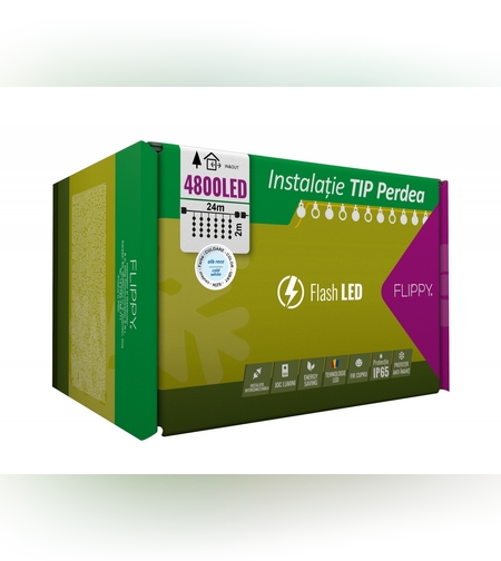 Instalatie Craciun Profesionala de Exterior IP65, Tip Perdea, 24m x 2m, 4800 Led-uri Mari, Alb rece, cu flash, Alimentator si prelungitor 6,5 m, Interconectabila, Fir negru, Flippy