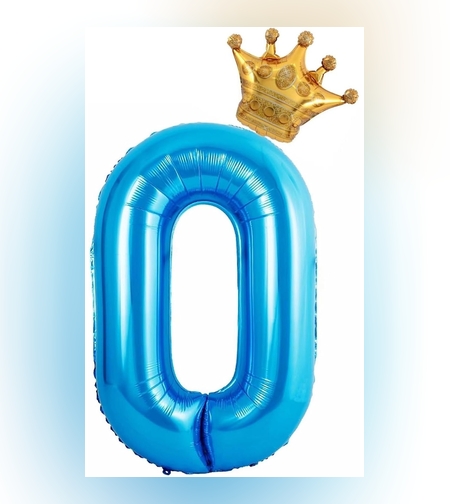 Balon din Folie Metalizata Flippy, Figurina Cifra si Coroana, Tema Aniversare 100 cm, Ambalaj Individual, Pai inclus, Umflare cu Aer sau Heliu, Albastru, Cifra 0