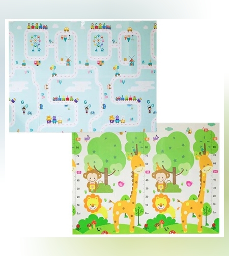 Covoras pentru Copii, Flippy, cu 2 Fete, Model Oras/Safari, din XPE+PE, Impermeabil, Antiderapant, Protectie Termica, +3 Luni, Pliabil, 180 x 200 x 1 cm, Multicolor