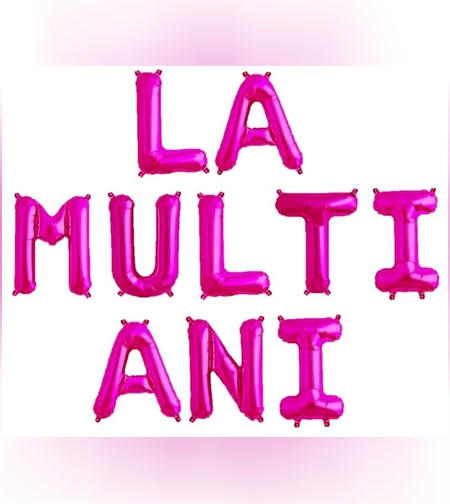 Set 10 Baloane din Folie Metalizata, Flippy, Figurine Litere, Model La multi ani, Tema Aniversare, 40 cm, Ambalaj Individual, Pai Inclus,  Umflare cu Aer sau Heliu, Roz