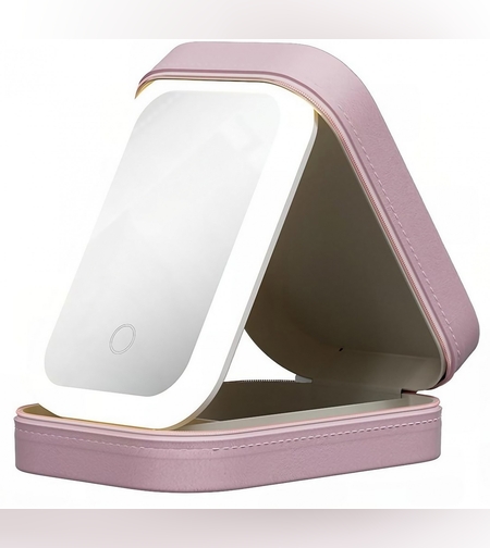 Portfard, Flippy, Geanta Cosmetice, cu Oglinda LED, 3 Moduri de Lumina, Incarcare USB, Baterie 1200 mAh, pentru Organizarea Cosmeticelor, 4 Compartimente, Imitatie Piele, Roz, 16.5x11.5x6 cm