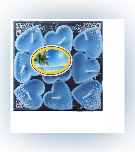 Set 9 Lumanari in Forma de Inima, Flippy, pentru Ziua Indragostitilor, Aroma Tropicala, Ardere 3.5 h, din Parafina, 4 x 2 cm, Albastru