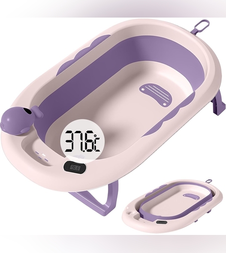 Cada de Baie, Flippy, pentru Copii 0 luni - 6 Ani, cu Termometru, Pliabila, Perna Suport Inclusa, din Plastic, 81.5 x 49 x 21.5 cm, Mov