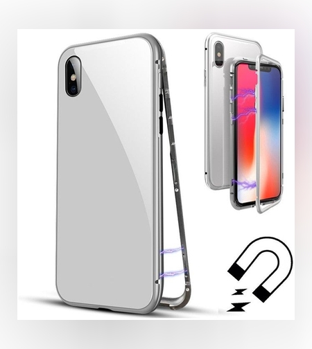 Husa de protectie Magnetic 360, Folie sticla inclusa, pentru Apple iPhone X, Argintiu