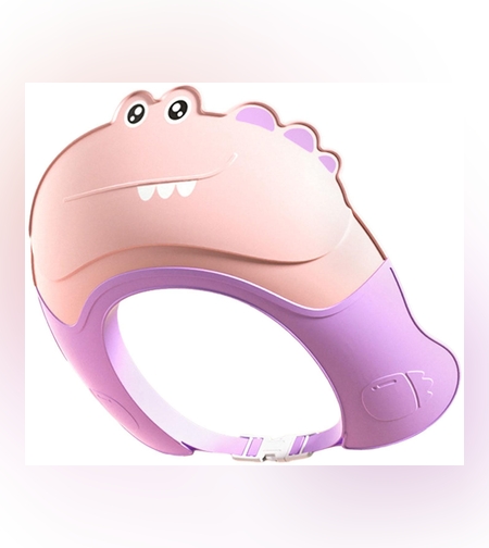 Casca de Dus, Flippy, Previne Scurgerea Apei si Samponului pe Fata, 0-12 Ani, Ajustabila, din TPE+PP, 20 x 23 cm, Model Crocodil, Roz/Mov