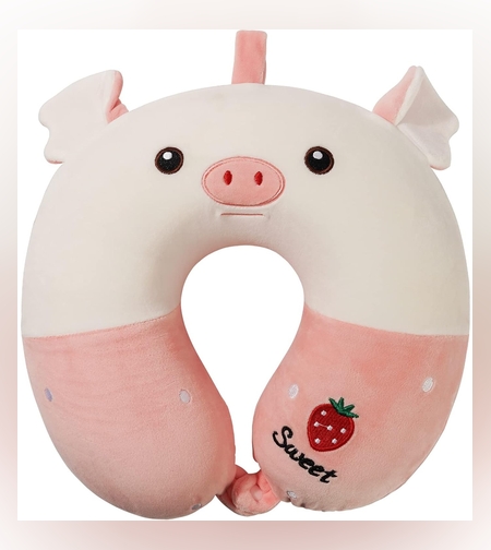 Perna de Calatorie in Forma de U, Flippy, Pentru Gat si Cap, Umplutura din Spuma cu Memorie, 30x30 cm, Model Purcelus, Accesoriu de Voiaj, Birou, Masina, Sistem Prindere Capse, Alb-Roz