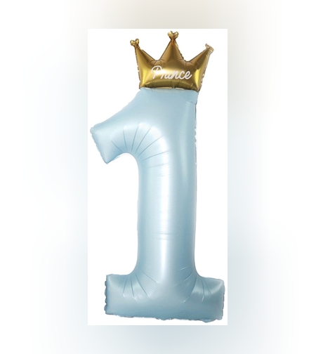 Balon din Folie Metalizata, Flippy, Figurina Cifra 1, Model Coroana Print, 91 cm, Ambalaj Individual, Pai inclus, Umflare cu Aer sau Heliu, Albastru