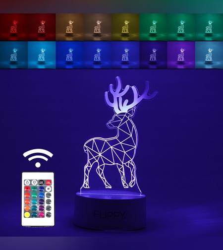 Lampa LED decorativa, Flippy, 3D, Cerb, cu telecomanda, doua moduri de alimentare USB si baterii, 20 cm inaltime, din material acril si lumina multicolora, alb