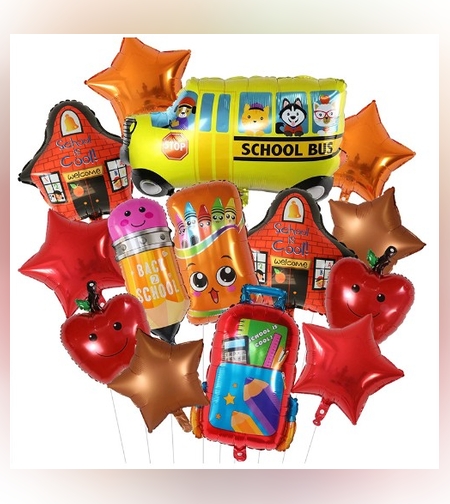 Baloane decorative Back to School, Flippy, Set MIX 12 baloane, Autobuz Mere Stele Rechizite, din folie de aluminiu, 40 x 80 cm, Adeziv si pai inclus, Rosu Multicolor