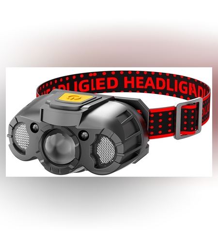 Lanterna LED de Cap, Flippy, cu Suport Inclus, Incarcare USB Tip C, Raza 100-200m, 5W, 6 Trepte de Lumina, 400 mAh, Gri