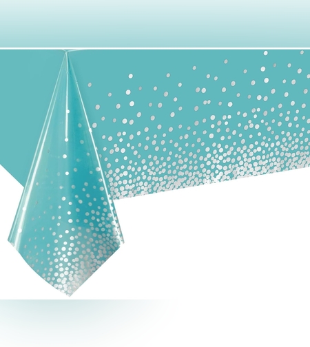 Fata de Masa, Flippy, din PEVA, Imprimeu Buline Argintii, 137 x 274 cm, Impermeabila, Fara Pete, Curatare Rapida, Albastru