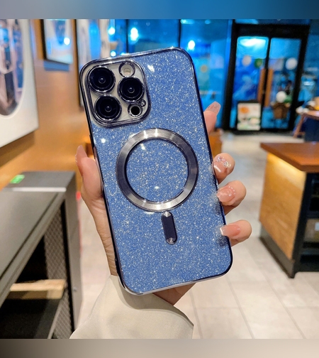 Husa de Protectie 2 in 1, Flippy, pentru iPhone 14 Pro, Glitter Chrome Magsafe, din TPU, Magnetica, cu Protectie Lentila, Albastru Marin