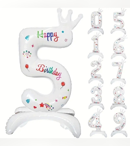 Balon din Folie Metalizata, Flippy, Figurina Cifra, Model 5 cu Happy Birthday Scris, Tema Aniversare 81 cm, Ambalaj Individual, Pai Inclus, Umflare cu Aer sau Heliu, Alb