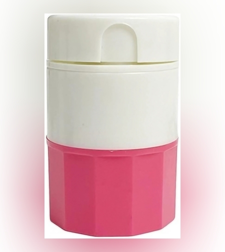 Cutie Pastile Multifunctionala, Flippy, 4 in 1, Pahar Apa, Taiere, Sfaramare, Depozitare, Compact, ABS cu Lama din Inox, Alb/Roz, 8.7x6.2x4.1 cm