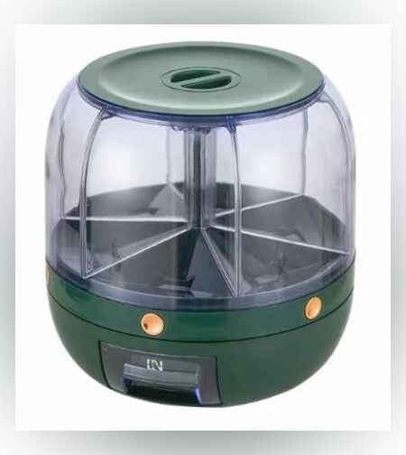 Dozator de cereale Flippy, rotativ 360, 6 compartimente, capacitate 3 L, rezistent la umezeala, inchidere etansa, verde inchis