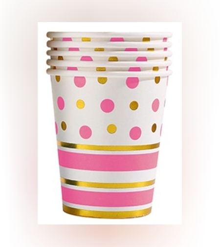 Set 10 Pahare, Flippy, Imprimeu cu Buline si Dungi, din Carton, 250 ml, 7.5 x 8.5 x 5.2 cm, Roz/Auriu