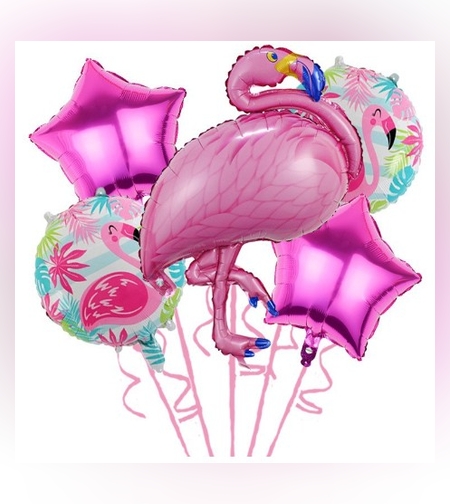 Set Baloane party aniversare, Flippy, din Folie de aluminiu si Latex, set din 5 baloane Flamigo Party cu 2 stele, 2 baloane rotunde, 60 -90 cm, Roz