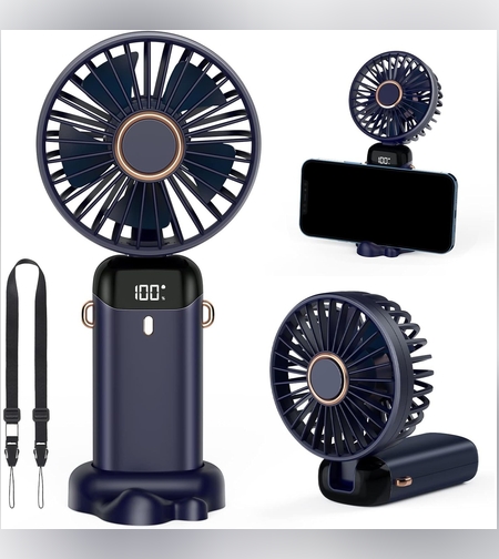 Ventilator Ultra Portabil cu Aromaterapie, Flippy, 3 in 1, de Mana, de Birou, de Gat, 5 Trepte de Viteza, Incarcare USB, Autonomie 12h, Pliabil, cu Ecran LCD, Albastru