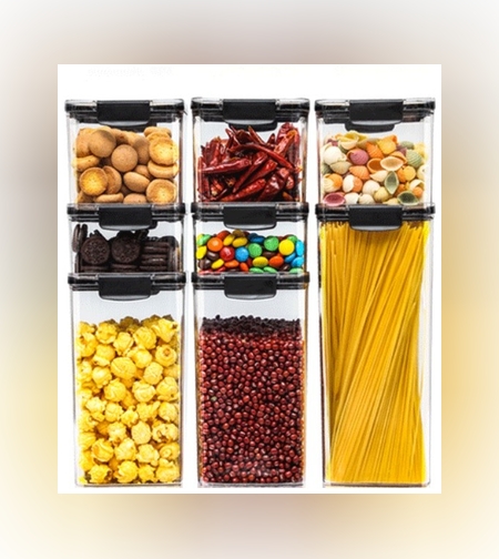 Set 8 Recipiente din Plastic, Flippy, pentru Alimente/Obiecte, Inchidere Ermetica, 2 x 460 ml, 3 x 700 ml, 2 x 1300 ml, 1 x 1800 ml, Transparent