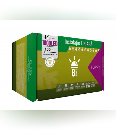 Instalatie Craciun, 100 m, 1000 Led-uri ,Liniara, Alb cald, 8 jocuri de lumini, Transformator, Interconectabila, Prelungitor 3 m inclus, Fir Transparent, Flippy