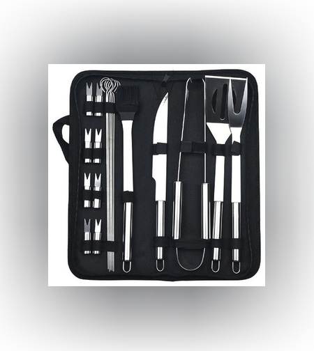 Set 18 Ustensile pentru Gratar, Flippy, din Otel Inoxidabil, Geanta Oxford, Argintiu