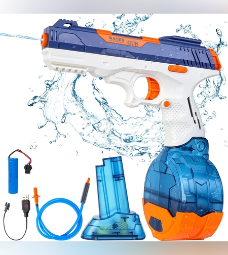 Pistol cu Apa Electric, Flippy, 2 Rezervoare 75/350 ml, din ABS+Silicon, Baterie, Incarcare USB, Conectare la Furtun, +6 Ani, Albastru