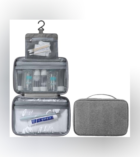Geanta cosmetice voiaj, Flippy, material textil, impermeabil, Gri, 12.5 x 9 x 22 cm