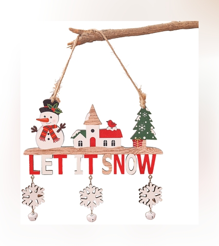 Decoratiune de Craciun din Lemn, Flippy, cu Snur pentru Agatare in Brad, Model Om de Zapada, Scris Let It Snow, 21.9x19 cm, Multicolor
