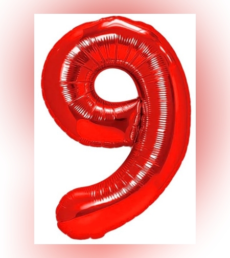 Balon din Folie Metalizata Flippy, Figurina Cifra, Tema Aniversare 100 cm, Ambalaj Individual, Pai inclus, Umflare cu Aer sau Heliu, Rosu, Cifra 9