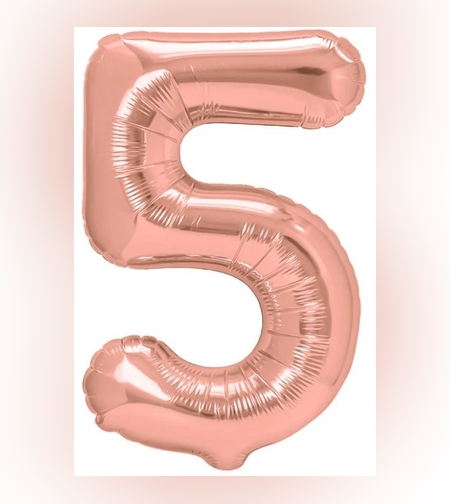Balon din Folie Metalizata Flippy, Figurina Cifra, Tema Aniversare 40 cm, Ambalaj Individual, Pai inclus, Umflare cu Aer sau Heliu, Rose Gold, Cifra 5