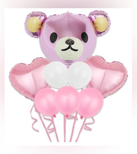 Set Baloane Aniversare, Flippy, set din 8 bucati, 1 bucata urs mare, 2 inimi folie,5 simple din latex Baby Girl, 60 cm Roz