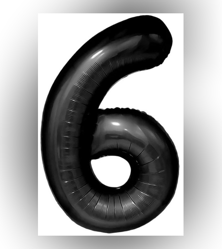 Balon din Folie Metalizata, Flippy, Figurina Cifra, Tema Aniversare 80 cm, Ambalaj Individual, Pai inclus, Umflare cu Aer sau Heliu, Negru, Cifra 6