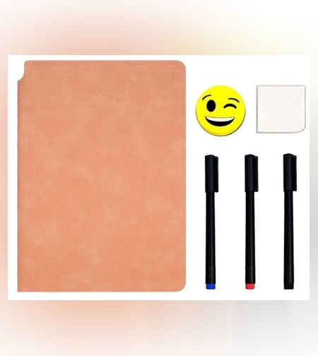 Set Agenda A5 Reutilizabila cu Pagini Tip Tabla, Agenda Pagini Albe cu Stergere Uscata, 3 Markere, 1 Burete și 1 Laveta de sters, Portabila, 24 x 16.5 cm, Coperta Piele, Roz Pal