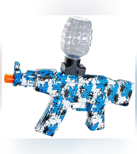 Mitraliera de jucarie electrica Flippy cu bile de hidrogen de gel, gun bluster, tragere in rafala, varsta peste 6 ani, sageti cu ventuze de spuma, amorizor, ochelari de protectie, 5000 de bile incluse, cablu de incarcare, 28x31 cm, AK47, albastru